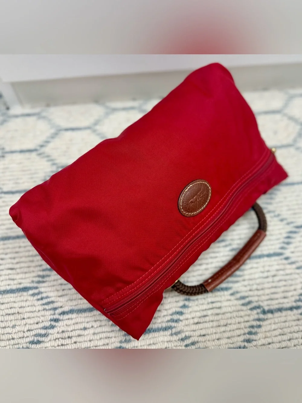LONGCHAMP Vintage Y2K Collectors Made N France Le Pliage Nylon Red & Leather Bag - Picture 11 of 16